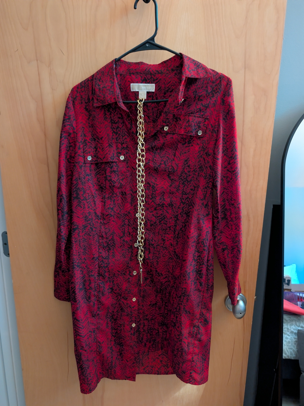 MICHAEL Michael Kors Red and Black Printed Long Shirt Dress with Gold Chain Belt